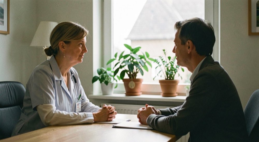 Een huisarts en een patient zitten schuin tegenover elkaar in een spreekkamer bij een raam met planten.