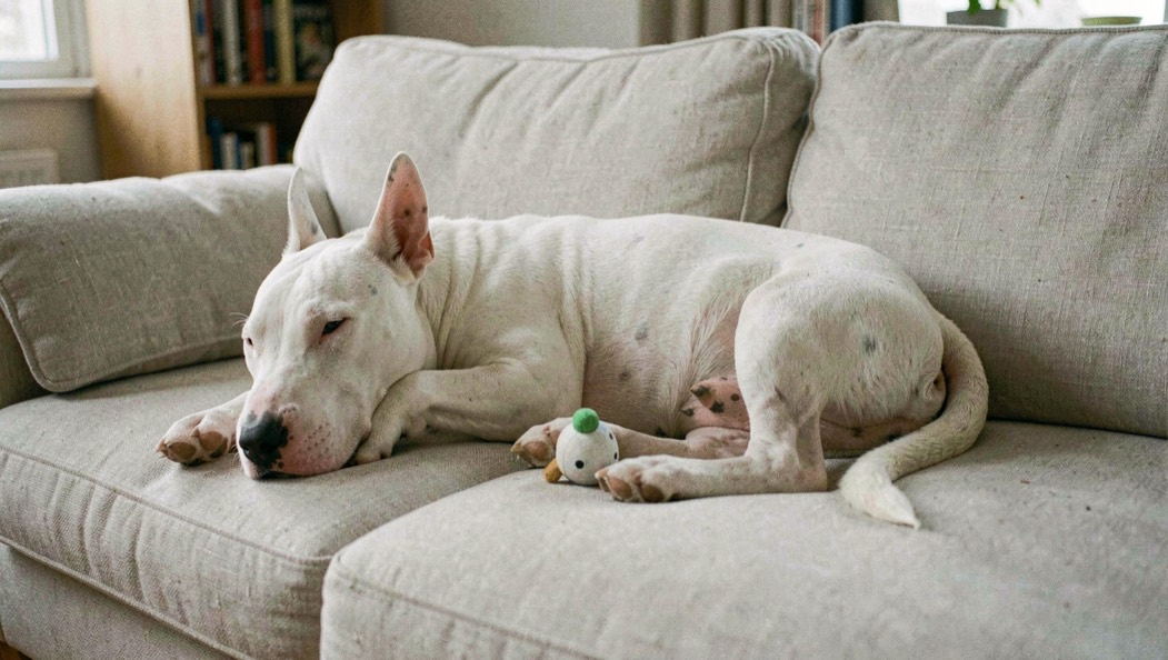 Een witte Bull Terrier ligt ontspannen op zijn zij op een lichte bank in een woonkamer, een speeltje naast zijn voorpoot.