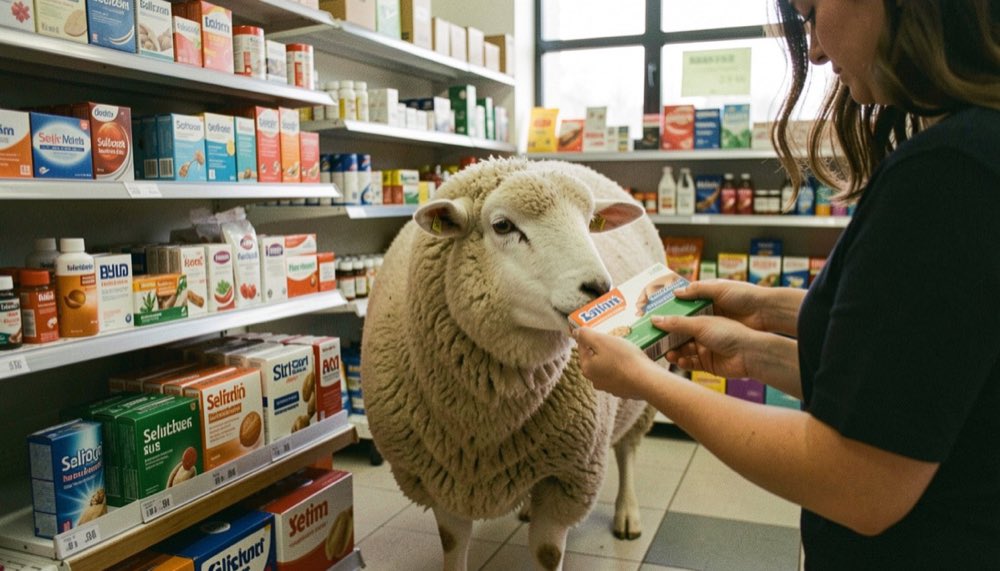 Een schap in een drogisterij met dozen zelfzorgmiddelen, waar een klant een verpakking van dichtbij bekijkt.
