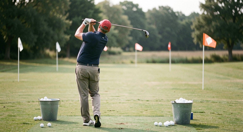 Een golfer op een oefenweide midden in de afslag van een swing, met emmers ballen en doelvlaggen op de achtergrond.