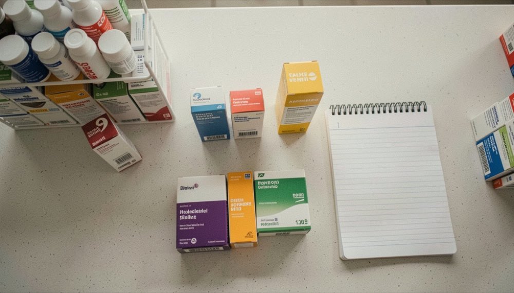 Een apothekersbalie van bovenaf gezien, met drie verschillende soorten verpakkingen naast een blocnote.