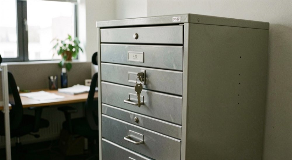 Een gesloten archiefkast met metalen laden in een rustig kantoor, met een sleutel in het bovenste slot.