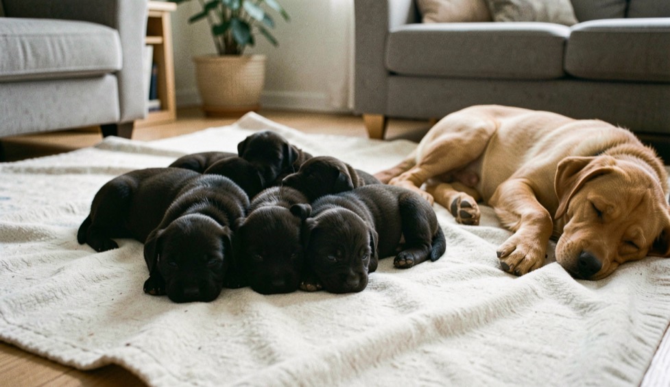 Een nest donkere puppy's op een lichte deken in een woonkamer, met de moederhond rustend aan de rand.