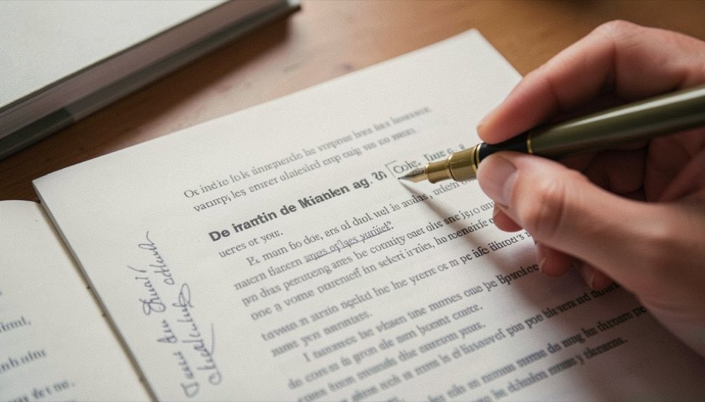 Een hand markeert een zin in een uitgeprinte tekst die vol staat met potloodaantekeningen in de marge.