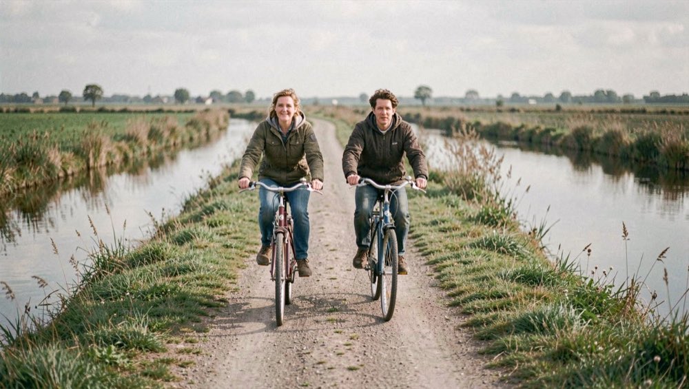 Twee mensen fietsen over een smal dijkpad langs een sloot in het Nederlandse polderlandschap.