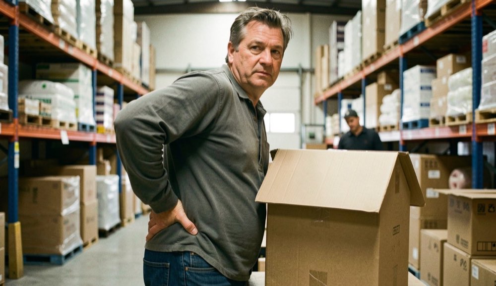 Een man staat in een magazijn met een hand tegen zijn onderrug gedrukt, naast een half opgetilde doos.