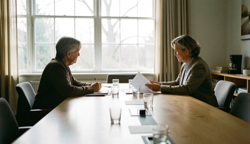 Twee mensen bespreken een document aan een lange vergadertafel bij een raam met veel daglicht.