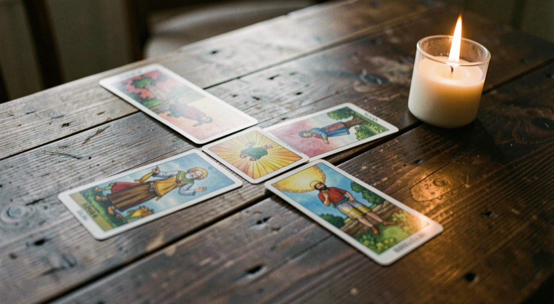 Ingekleurde tarotkaarten liggen in een kruisvorm op een donkere houten tafel, naast een brandende kaars.