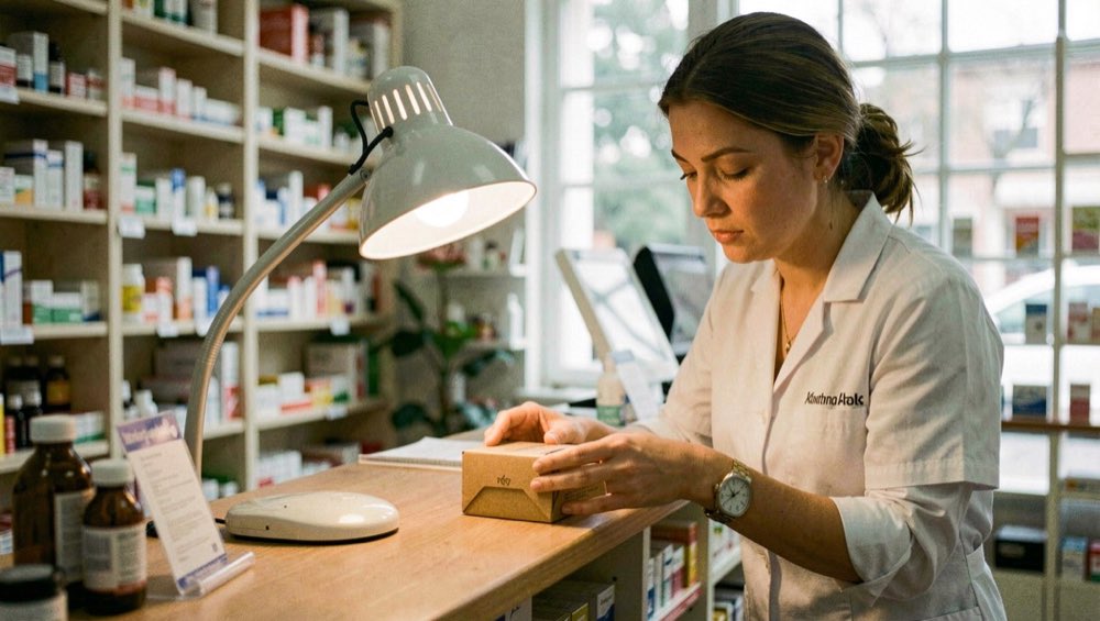 Een apothekersassistente bekijkt aandachtig een klein kartonnen doosje onder een bureaulamp aan de balie van een apotheek.